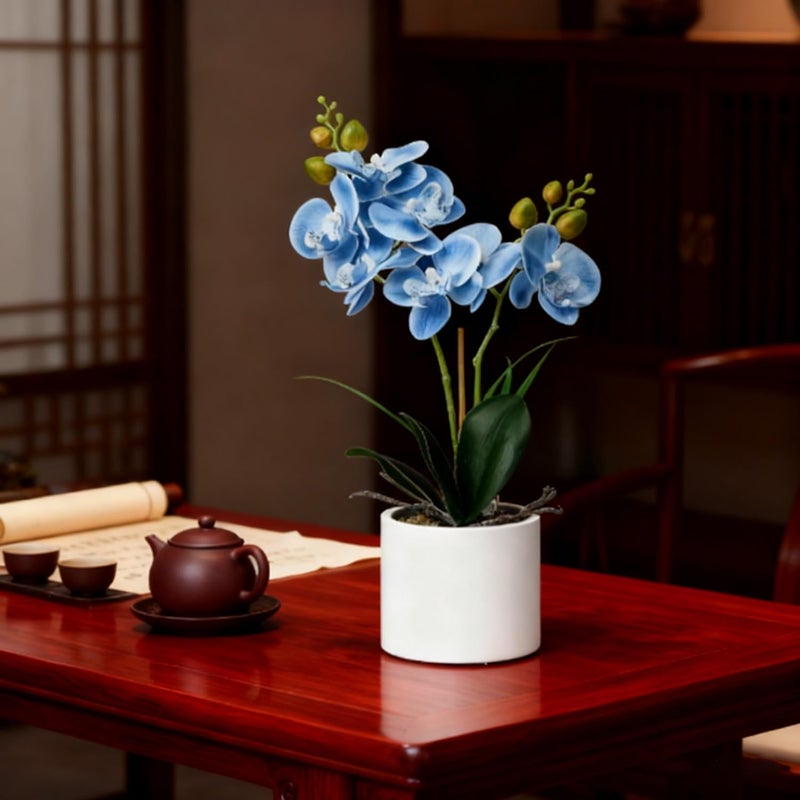 Jusdreen Artificial Blue Orchid in Ceramic Pot, Realistic Phalaenopsis Arrangement with Potting for Home Office Table Decor, 14.5 Inch Flower Centerpiece - Image 5
